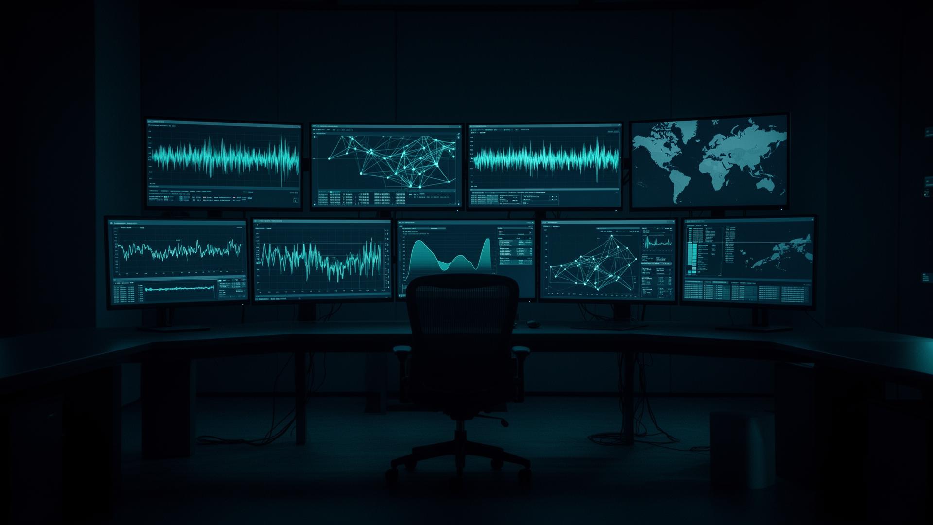 A dimly lit operations room with monitors showing waveforms, network graphs, and a world map A dimly lit operations room with monitors showing waveforms, network graphs, and a world map